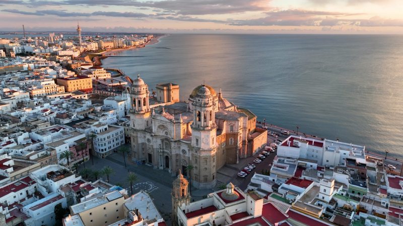 Aerial view of old cathedral in cadiz at sunset, andalucia, spain